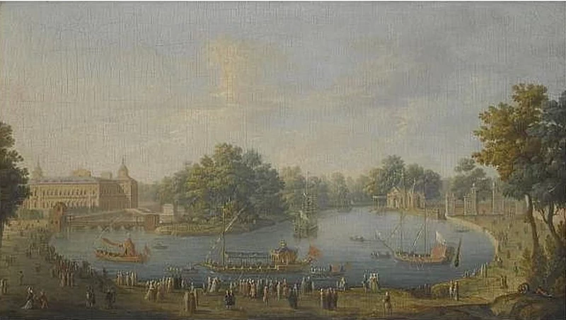 Napoli Il palazzo reale di Aranjuez da nord - est, con il re Ferdinando VI di Spagna e la regina Mária Bárbara di Braganza sulla chiatta reale